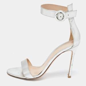 Pre Owned Gianvito Rossi Silver Foil Leather Portofino Ankle Strap Sandals Size 38