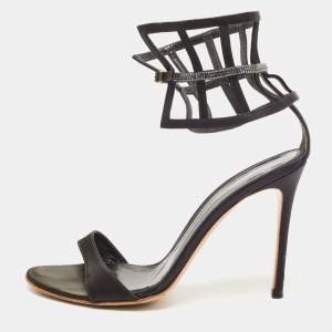 Gianvito Rossi Black Satin Crystal Embellished Ankle Strap Sandals Size 37.5