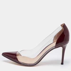 Pre Owned Gianvito Rossi Burgundy Patent Leather and PVC Plexi Pointed Toe Pumps Size 39.5