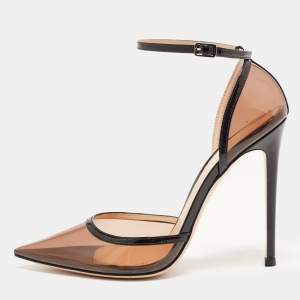 Pre Owned Gianvito Rossi Black PVC and Patent Leather Pointed Toe Ankle Strap Pumps Size 37.5