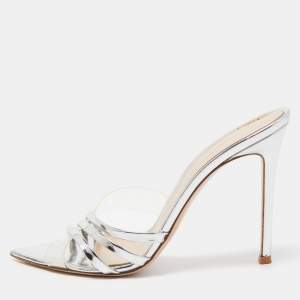 Pre Owned Gianvito Rossi Silver PVC and Patent Leather Slide Sandals Size 38