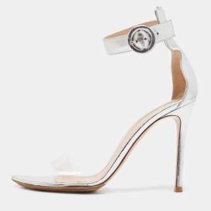 Pre Owned Gianvito Rossi Metallic Silver Leather and PVC Portofino Ankle Strap Sandals Size 38.5