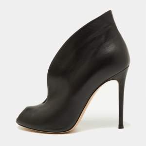 Pre Owned Gianvito Rossi Black Leather V-Neck Peep Toe Ankle Boots Size 38