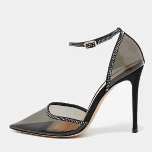 Pre Owned Gianvito Rossi Black PVC and Crystal Embellished Suede Sabin Pumps Size 38