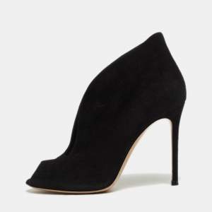 Pre Owned Gianvito Rossi Black Suede V-Neck Peep Toe Ankle Booties Size 37.5