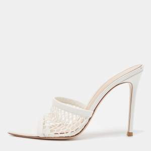 Gianvito Rossi White Mesh And Leather Honeycomb Open Toe Mules Size 39