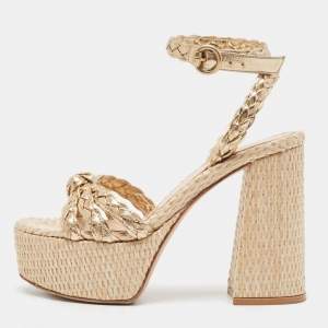 Gianvito Rossi Metallic Gold Leather Braided Accents Ankle Strap Sandals Size 37