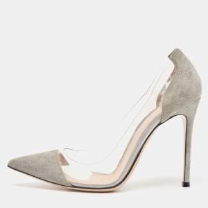 Pre Owned Gianvito Rossi Grey Suede and PVC Plexi Pointed Toe Pumps Size 39