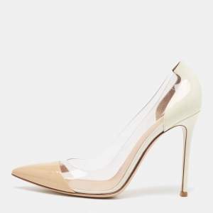 Pre Owned Gianvito Rossi Beige/White Patent Leather and PVC Plexi Pointed Toe Pumps Size 40