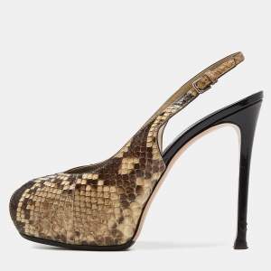 Gianvito Rossi Beige/Brown Python Leather Peep Toe Slingback Pumps Size 38.5