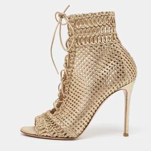 Pre Owned Gianvito Rossi Metallic Gold Leather Peep Toe Ankle Boots Size 39