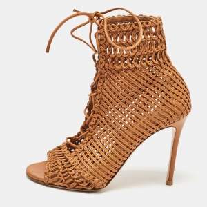 Gianvito Rossi Tan Woven Leather Marnie Ankle Boots Size 37.5