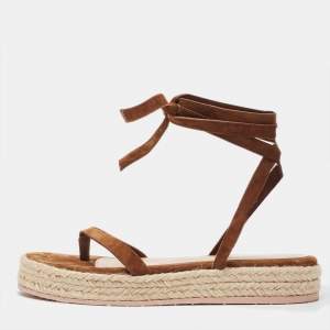 Pre Owned Gianvito Rossi Brown Suede Ankle Tie Espadrille Sandals Size 38.5