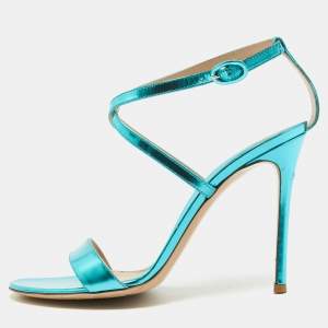 Gianvito Rossi Metallic Blue Leather Cross Ankle Strap Sandals Size 39