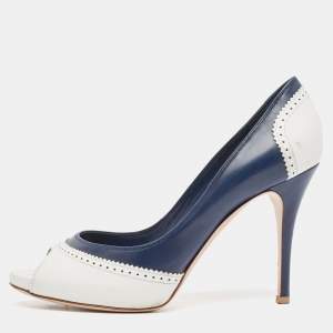 Gianvito Rossi White/Blue Leather Peep Toe Pumps Size 38