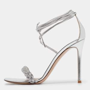 Pre Owned Gianvito Rossi Silver  Leather Lace Up Sandals Size 39