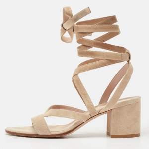 Gianvito Rossi Beige Suede Janis Ankle Wrap Sandals Size 37.5