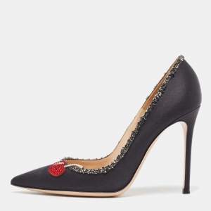 Pre Owned Gianvito Rossi Black Satin Crystal Embellished Pointed Toe Pumps Size 39
