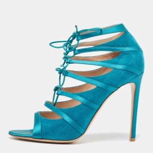 Pre Owned Gianvito Rossi Teal Suede and Satin Cut Out Ankle Tie Sandals Size 40.5