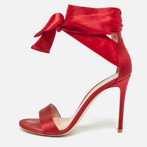 Pre Owned Gianvito Rossi Red Satin Lace Up Gala Open Toe Sandals Size 39.5