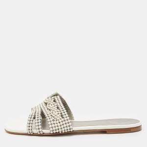 Gina White/Silver Leather Crystal Embellished Loren Flat Slides Size 39