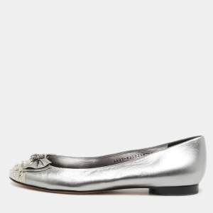 Gina Metallic Two Tone Leather and Satin Crystal Embellished Cap Toe Bow Ballet Flats Size 39.5