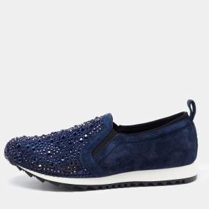 Pre Owned Gina Blue Suede Crystal Embellished Slip On Sneakers Size 39