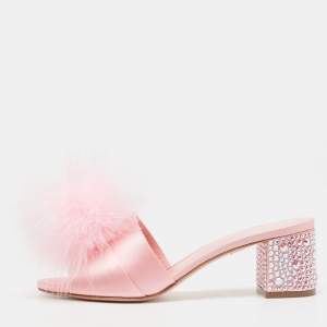 Gina Pink Satin and Fur Cindy Crystal Embellished Heel Slide Sandals Size 39