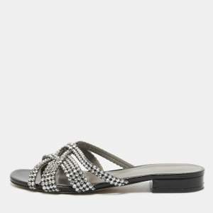 Gina Black/Silver Crystal Embellished Leather Slides Size 38