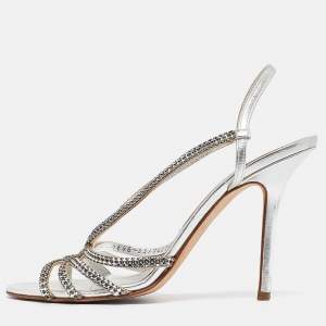 Gina Silver Crystal Embellished Leather Slingback Sandals Size 39.5 