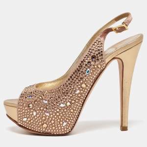 Gina Rose Gold Satin Crystal Embellished Platform Peep Toe Slingback Sandals Size 36