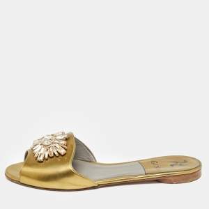 Gina Gold Leather Crystal Embellished Flat Slides Size 39