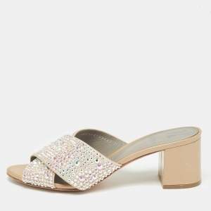 Gina Beige Crystal Embellished Satin Slide Sandals Size 39.5