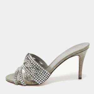 Gina Grey Croc Embossed Patent Leather Crystal Embellished Side Sandals Size 39.5