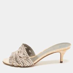 Gina Orange Croc Embossed Patent and Leather Crystal Embellished Slide Sandals Size 36.5