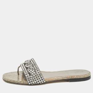 Gina Grey Croc Embossed Patent and Leather Crystal Embellished Flat Slides Size 36