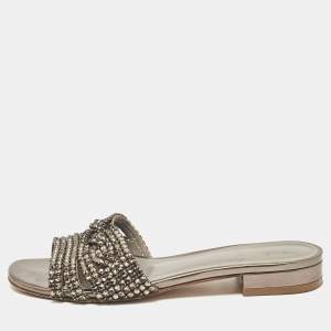 Gina Metallic Bronze Leather Crystal Embellished Flat Slides Size 37.5
