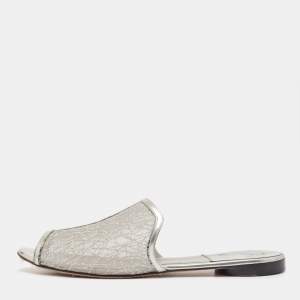 Gina Metallic Grey Glitter Mesh Flat Slides Size 40.5