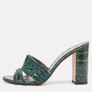 Gina Green Croc Embossed Leather Slide Sandals Size 39