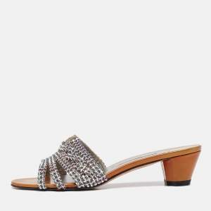 Gina Silver Patent and Leather Crystal Embellished Slide Sandals Size 39