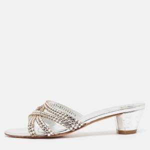 Gina Silver Leather Crystal Embellished Gabriella Slide Sandals Size 37