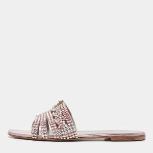 Gina Purple Leather Crystal Embellished Flat Sandals Size 38.5