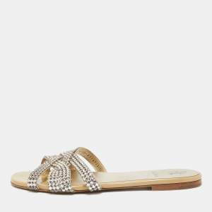 Gina Beige/Silver Crystal Embellished Leather Flat Slides Size 40.5