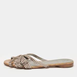 Gina Pink/Brown Crystal Embellished Leather Flat Slides Size 39
