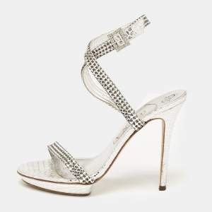 Gina Grey Leather Crystal Embellished Ankle Strap Sandals Size 40