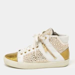 Gina White/Gold Leather Crystal Embellished High Top Sneakers Size 39