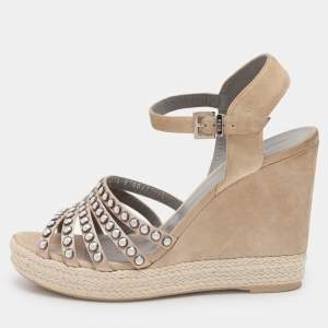 Gina Pink Satin and Suede Pearl Embellished Wedge Sandals Size 40