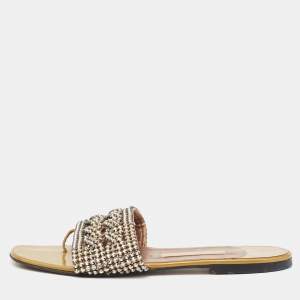 Gina Green Crystal Embellished Leather Flat Slides Size 39