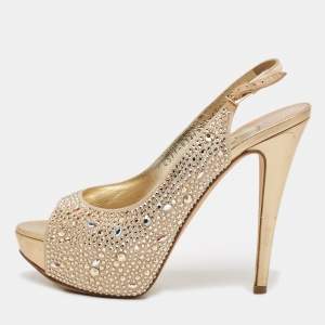 Gina Gold Satin and Leather Crystals Embellished Slingback Sandals Size 38.5