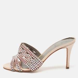 Gina Beige Leather Crystal Embellished Slide Sandals Size 36.5